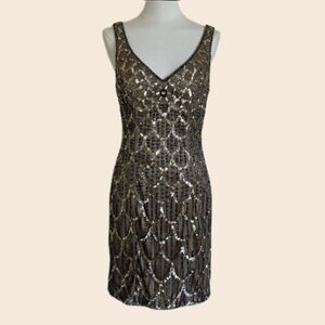 Sue Wong Nocturne Vintage Black ad Nude/ Cream Beaded Sequin Cocktail Dress Sz 8